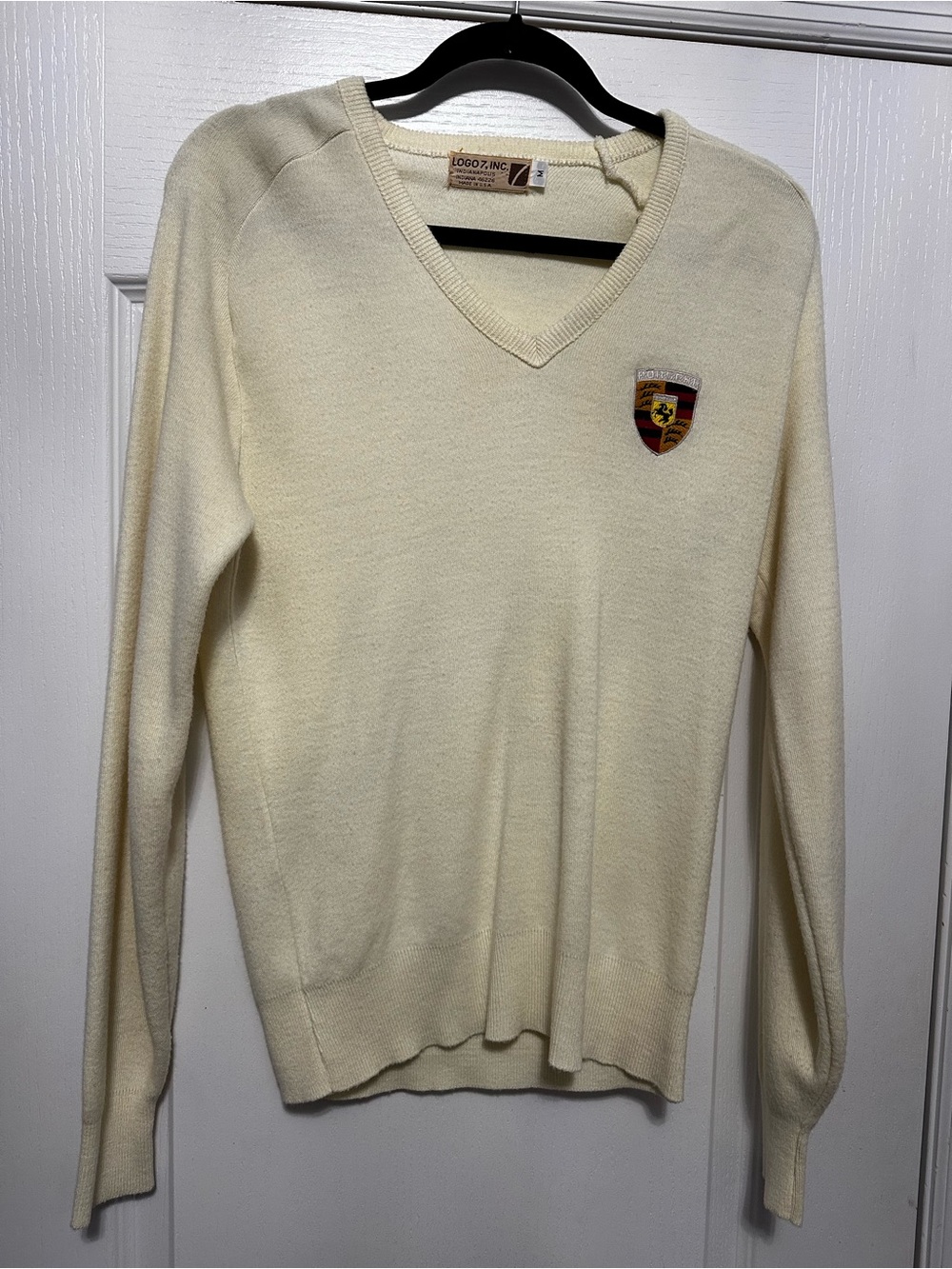 VTG 80s Logo 7 Porsche V-Neck Knit Sweater Cream Men’s Medium USA Made